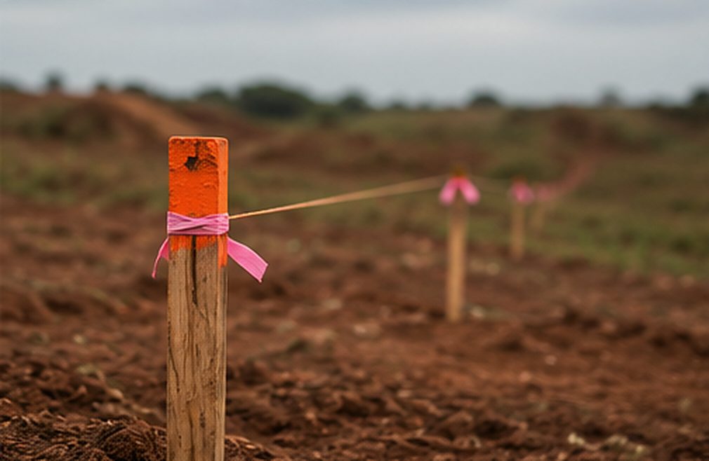 Piquetes de demarcação em uma gleba aberta, com vegetação rasteira