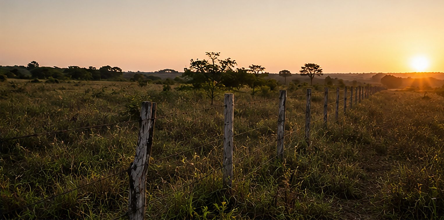 Gleba com vegetação rasteira e cerca antiga, luz de fim de tarde